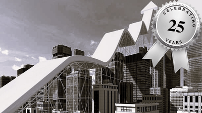 Black-and-white city skyline with a looping roller-coaster track weaving through tall buildings, plus a silver 'Celebrating 25 Years' badge.