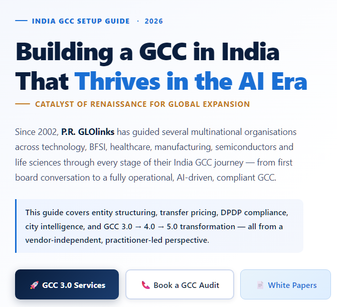 Hero section with bold headline 'Building a GCC in India That Thrives in the AI Era' and three call-to-action buttons: GCC 3.0 Services, Book a GCC Audit, White Papers.
