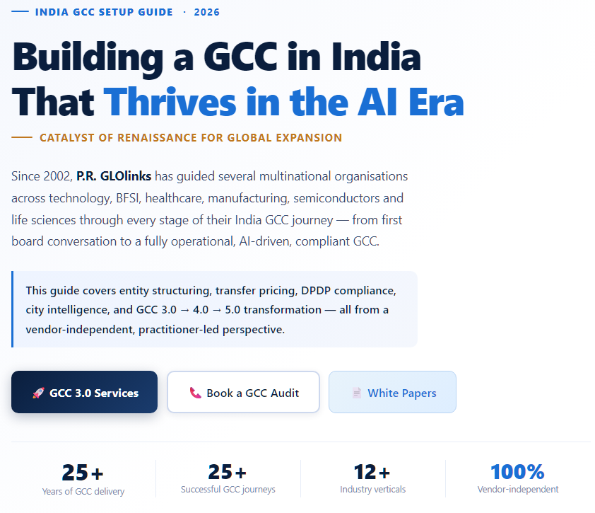 Hero banner with the headline 'Building a GCC in India That Thrives in the AI Era' and subheading 'Catalyst of Renaissance for Global Expansion'.