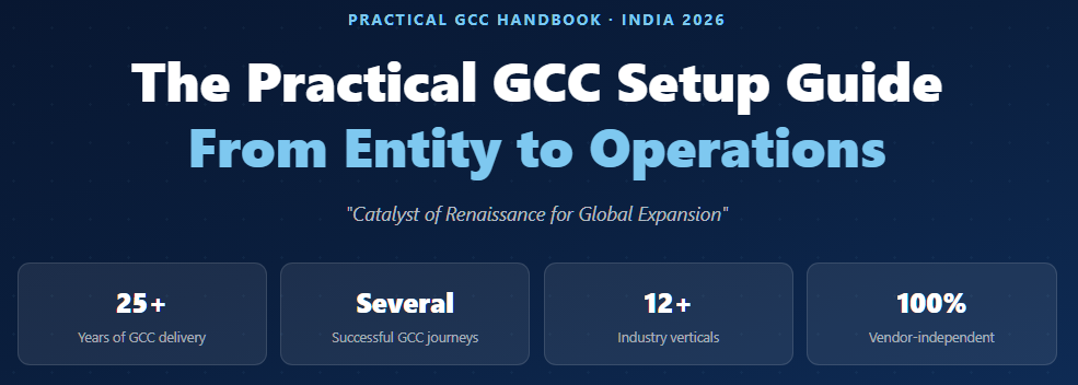 Hero banner: The Practical GCC Setup Guide—From Entity to Operations, with four stat cards: 25+ years, Several journeys, 12+ verticals, 100% vendor-independent.