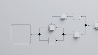 Abstract flowchart diagram with interconnected rounded squares and diamonds, starting from a large rounded square on the left.